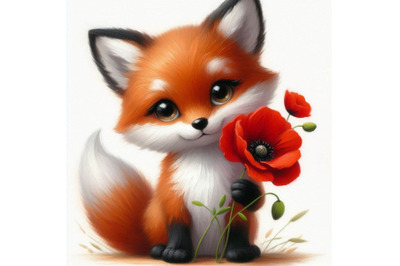 Cute Fox Holding a Red Poppy