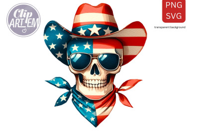 4th of July Skull in Cowboy Hat PNG SVG Vector Sublimation Image