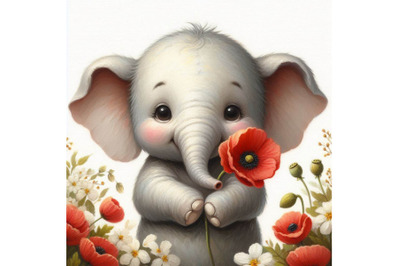 Cute Elephant Holding a Red Poppy