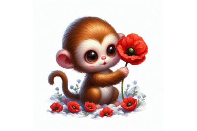 Cute Monkey Holding a Red Poppy