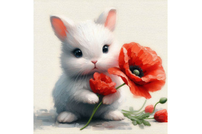 Cute Bunny Holding a Red Poppy