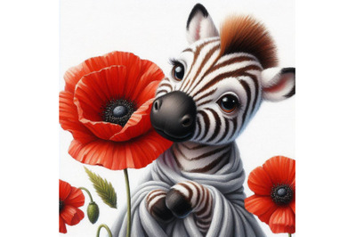 Cute Zebra Holding a Red Poppy