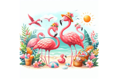 06 Cartoon Flat Cute Flamingo Birds Summer