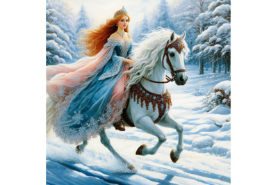 Princess riding horse at winter