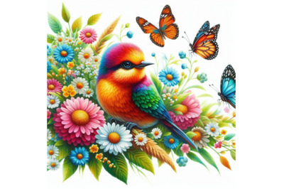 06 colorful Bird and butterfly with grass and