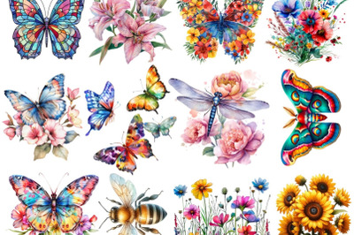 Floral Butterfly and Daisies Dragonfly Bundle Clipart