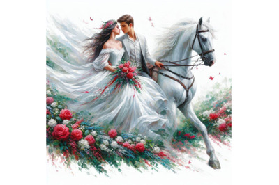 Romantic couple on white horse