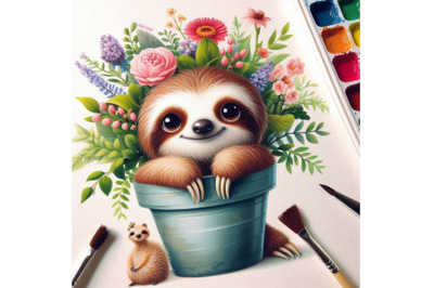 06 Cute sloth with a pot of flowers