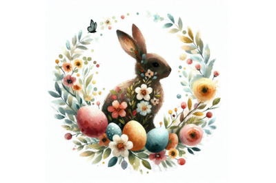 06 Easter bunny silhouette with flowers, flat