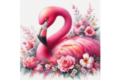 06 pink flamingo with flowers. digital paint