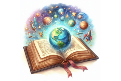 Watercolor open book with magic world isolated on wh