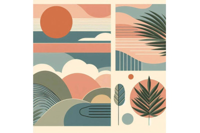 Abstract landscape set with geometric shapes, sun, tro