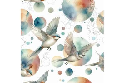 Abstract watercolor circles and flying birds seamless p