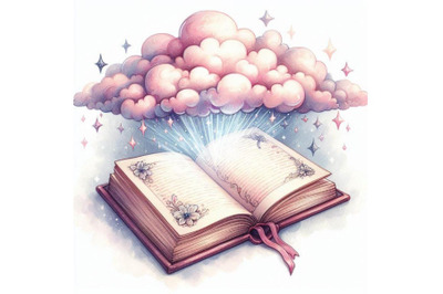 Watercolor open book with magic cloud