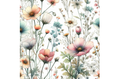 Meadow watercolor and ink flower seamless pattern