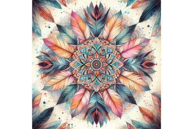 Watercolor ethnic feathers abstract mandala