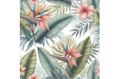 Watercolor tropical leaves and flowers seamless patter