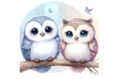 Cute owl couple sitting on tree branch