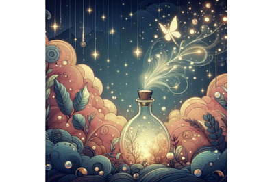 Abstract fairy tale background with magic bottle and fir