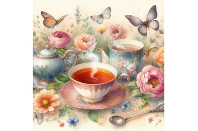 Watercolor tea cups background with spoon&2C; flowers a