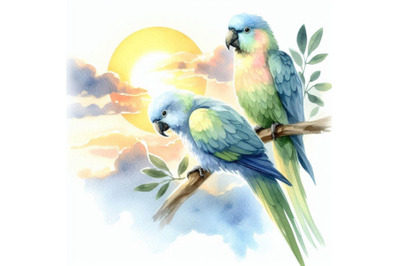 Watercolor illustration of two parrots