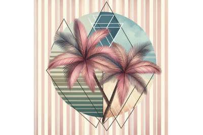 Watercolor palm tree print in geometric shape on stripe