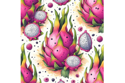 Watercolor dragon fruit seamless pattern on doodle