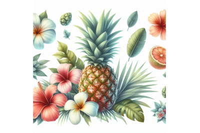 Tropical watercolor pineapple, flowers and leaves wi