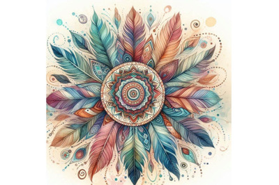 Watercolor ethnic feathers abstract mandala