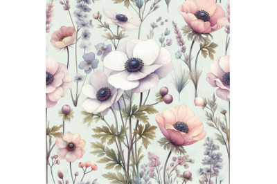 Watercolor seamless pattern with anemone and herbs