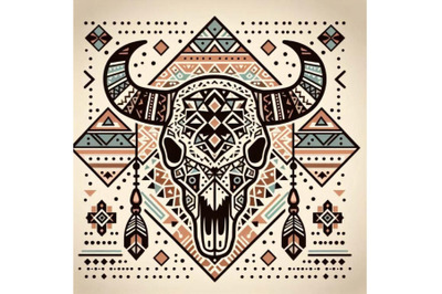 Geometrical ethnic seamless pattern with cow skull