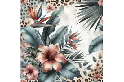 Watercolor tropical flowers and leaves on animal print b