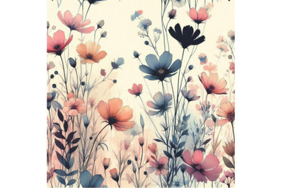 Meadow watercolor and ink flower seamless pattern