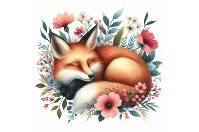 Watercolor sleeping fox among flowers isolated on whit