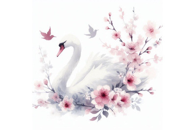 Watercolor swan and cherry bloom