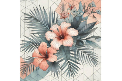 Watercolor tropical flowers with contour on geometric