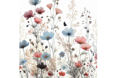 Meadow watercolor wild flowers seamless pattern