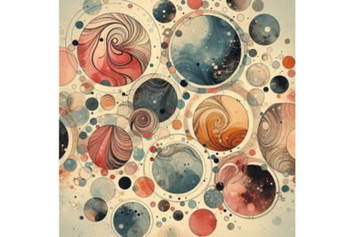 Circles with water color marbling, grained, grunge, pap