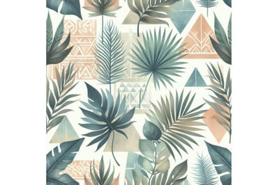 Watercolor tropical leaves and palm trees in geometric