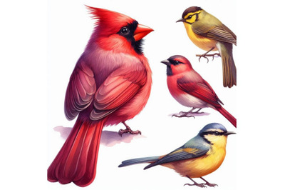 Watercolor bird set red cardinal, tufted titmouse, yello