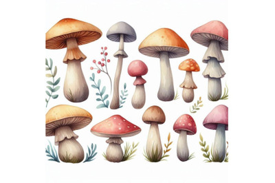 Watercolor mushrooms set on white background