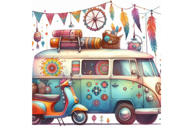 Watercolor hippie camper van, car and scooter