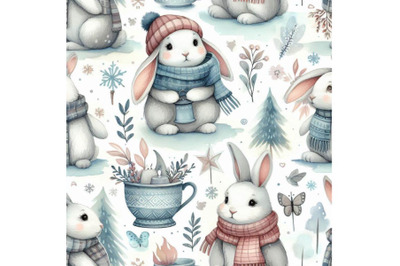 Rabbit in winter. Watercolor seamless pattern