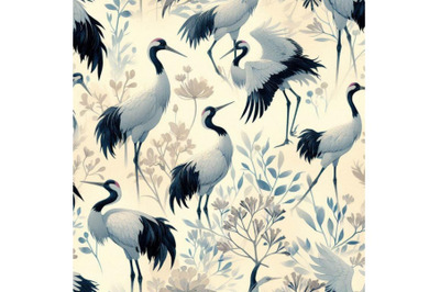 Watercolor asian crane bird seamless pattern