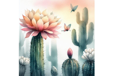 Watercolor blooming cactus background