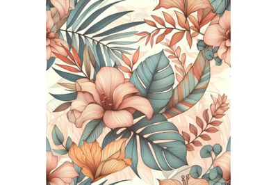 Watercolor tropical leaves and flowers with contour sea