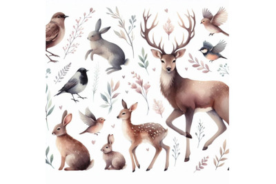 Watercolor deer with fawn, rabbits, birds isolated on w