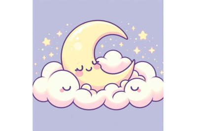 Cute moon sleeping on a smiling cloud