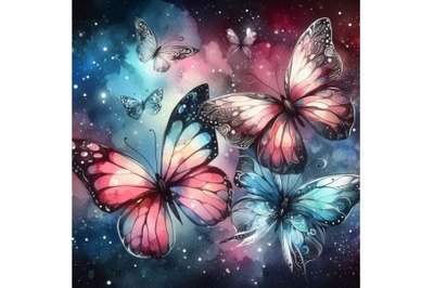 Beautiful watercolor butterflies on galaxy background