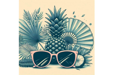 Sun glasses with palm tree&2C; fan palm leaf and pineappl